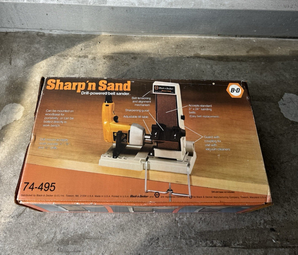 Vintage SEALED Black & Decker Sharp n Sand Drill Powered Belt Sander Sharpener