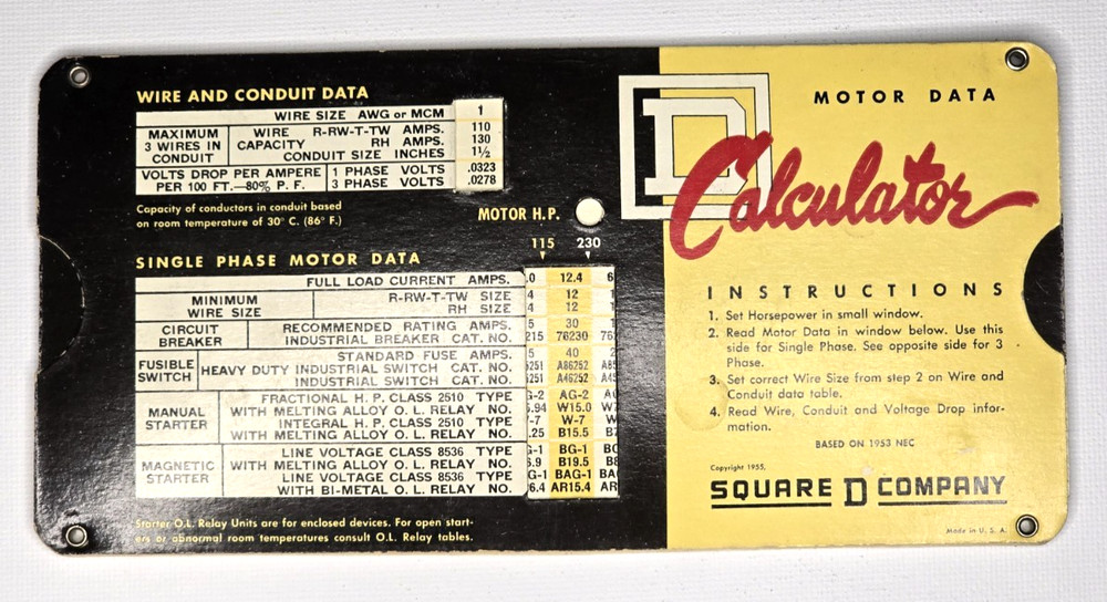 1955 Square-D Motor Data Calculator