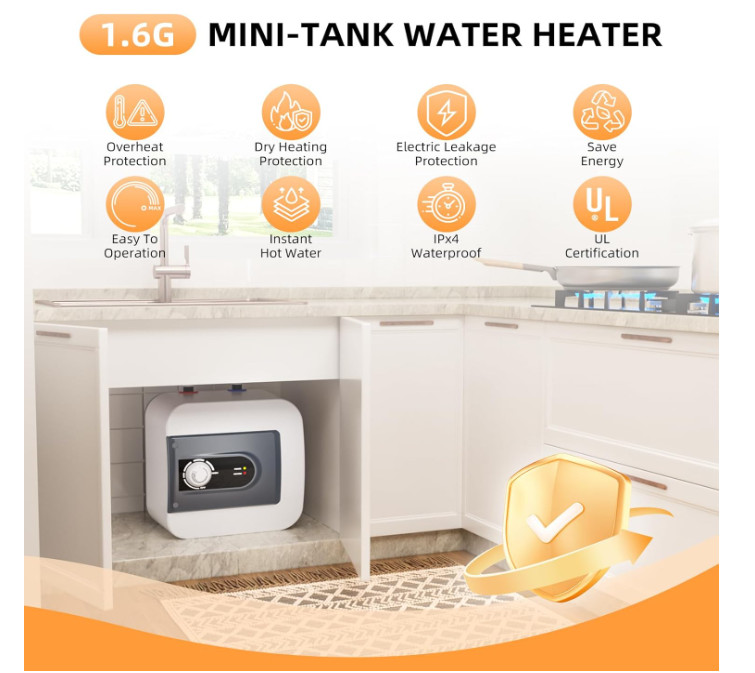 Calentador de Agua Mini 1.6 Gal 1500W Bajo Fregadero Cocina Baño RV. Nuevo
