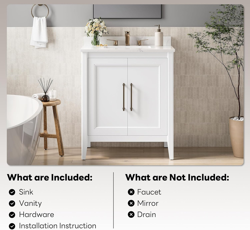 30" Modern Bathroom Vanity with Sink, Soft-Close Doors & Engineered Stone Top
