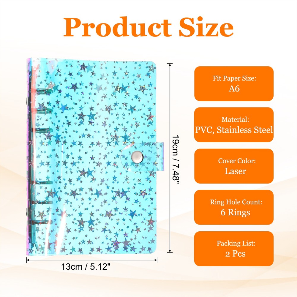 A6 Binder Cover, 2 Pcs Stars Refillable Notebook Shell with Snap Button, Laser
