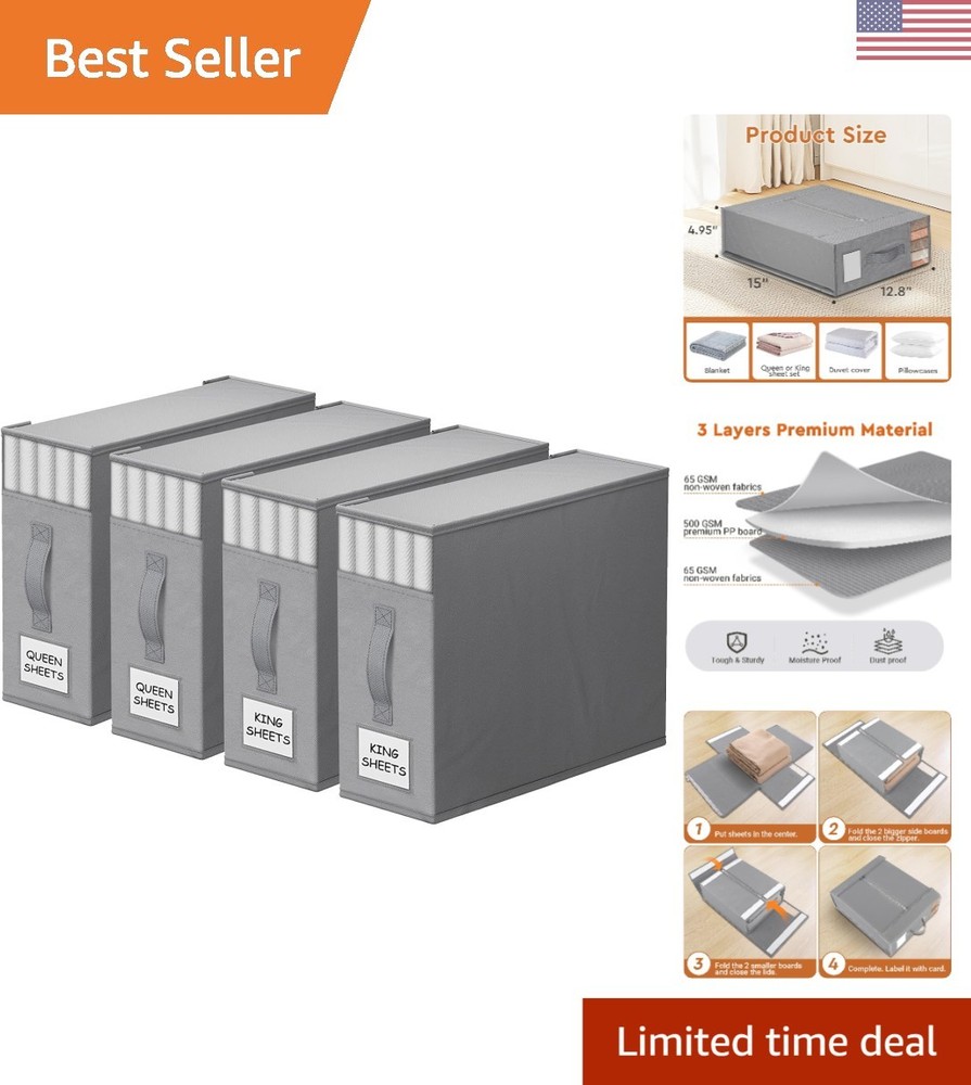 4-Pack Foldable Bed Sheet Organizers with Window & Labels - Elegant Gray