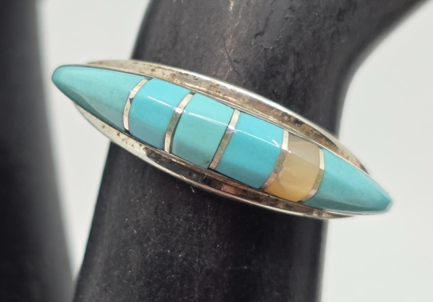 CEH Signed Native American Sterling Silver Assorted Turquoise Shell Ring Sz 6.5