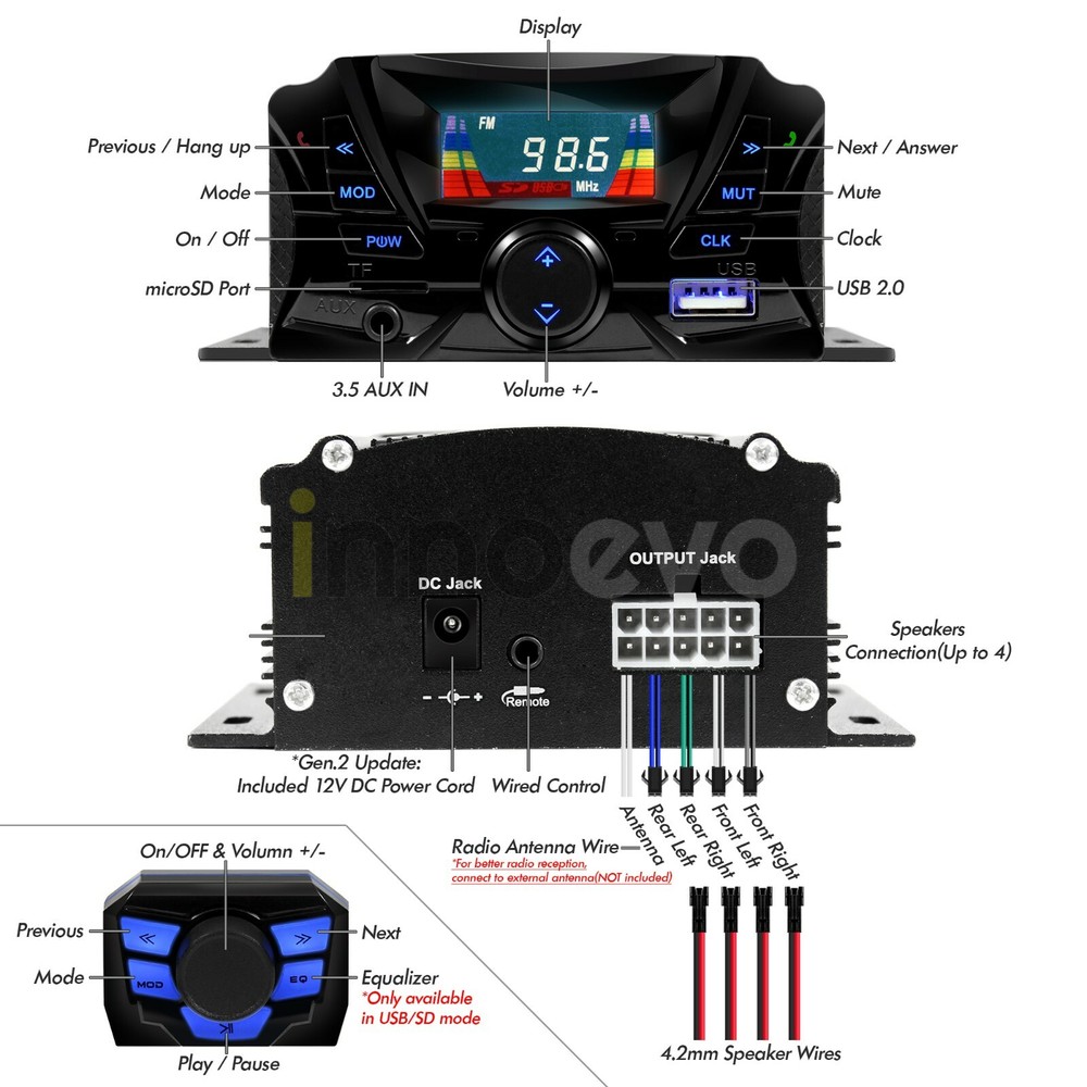 Motorcycle Bluetooth Wireless Speaker Audio System Stereo MP3 SD ATV UTV Scooter
