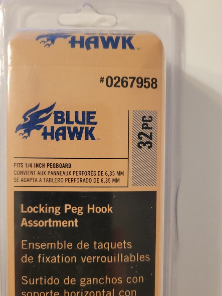 Blue Hawk Locking Peg Hook Assortment Fits 1/4" Pegboard 32 Piece Set NEW