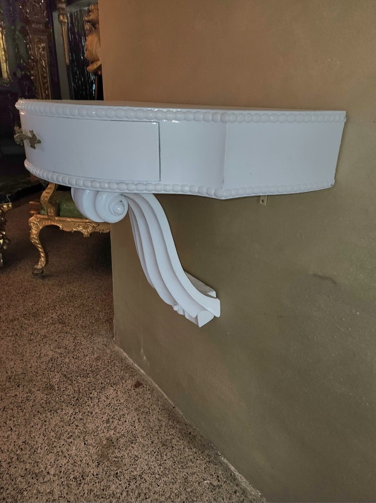 PAIR MID CENTURY MODERN Side Table or Consoles, Violin Scrolls Gloss White.