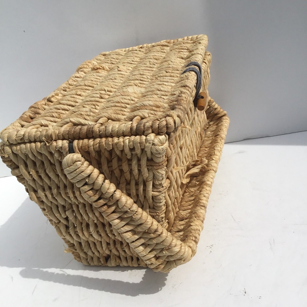Basket Woven Raffia Square Metal Handle Lidded With Button Latch 10” Across