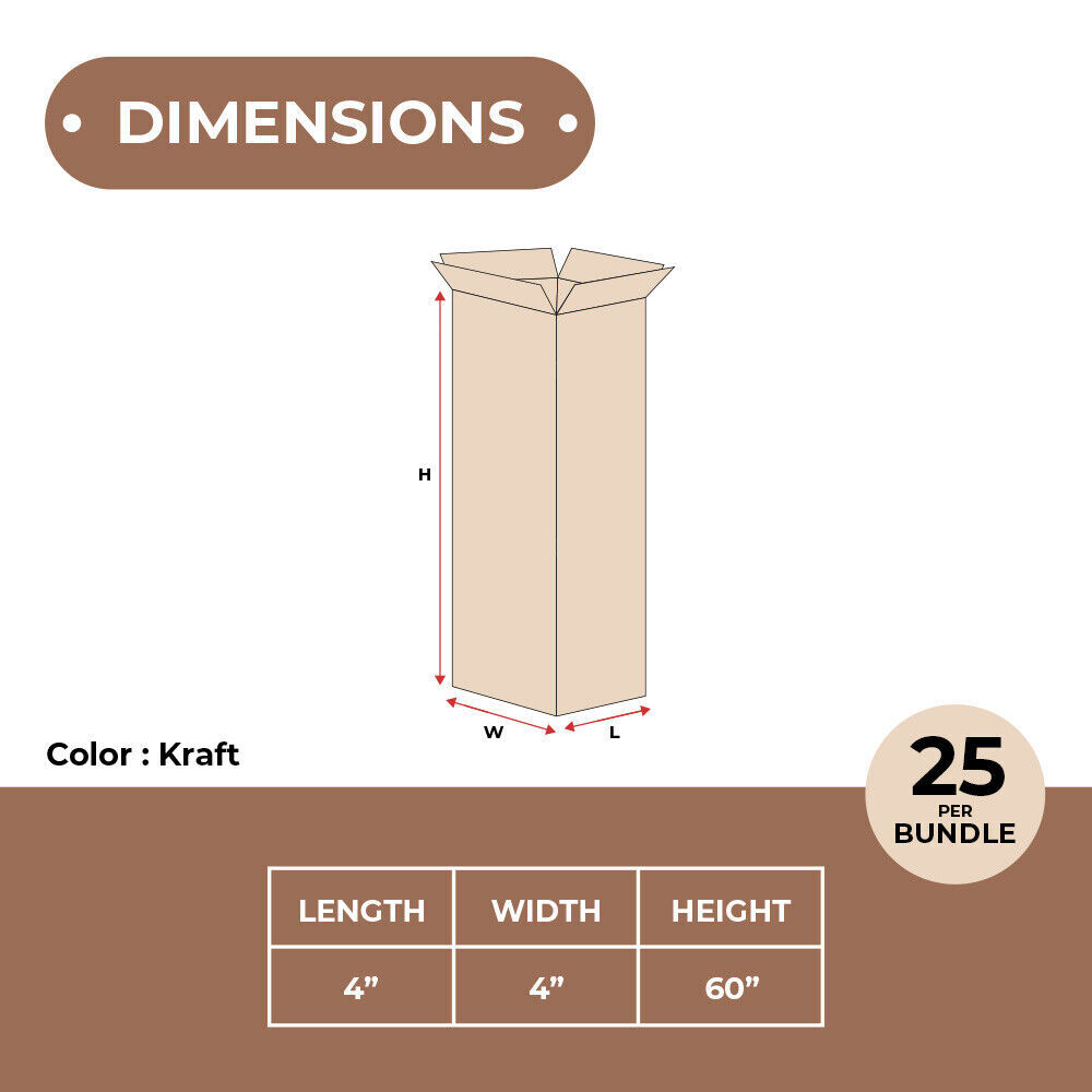 4 x 4 x 60" Tall Corrugated Boxes ECT-32 Brown Shipping/Packing Boxes 25/Bundle