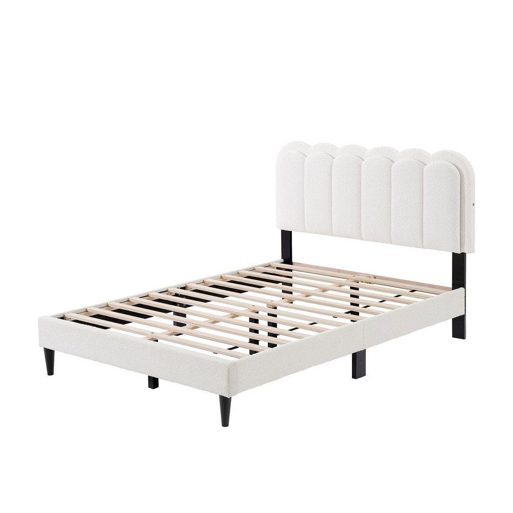 Full/Queen Size Platform Bed Frame with Upholstered Headboard & LED Light White