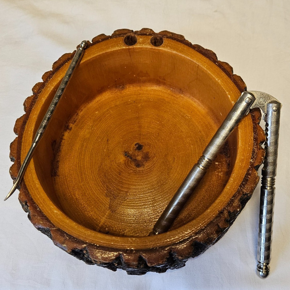 Vintage Rustic Log Bark Nut Bowl HMQ Nutcracker Pick Set 8"