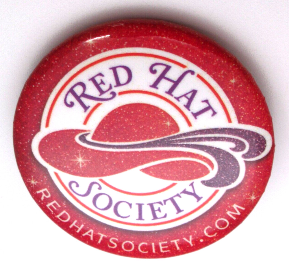 Red Hat Society Pinback Button Official Logo Red Glitter Design