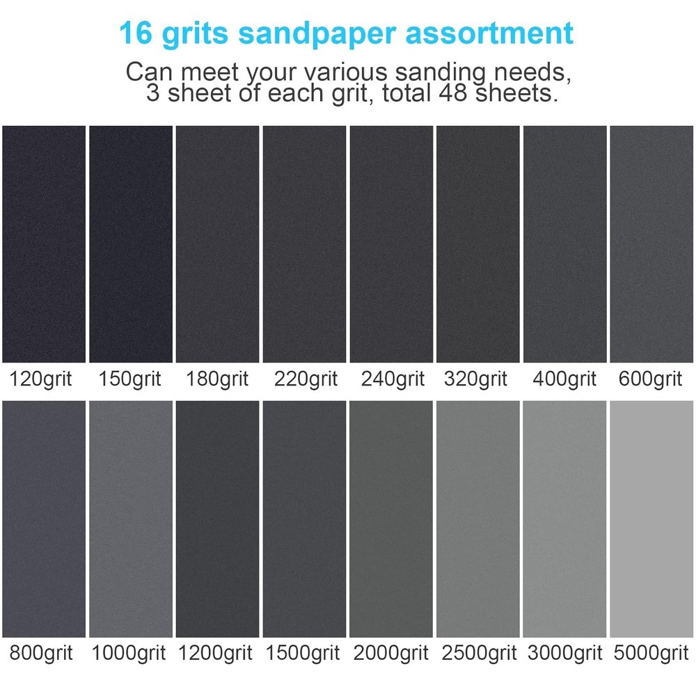 Complete Sanding Solution: 48 PCS Sandpaper Sheets, 120-5000 Grit for Every Need