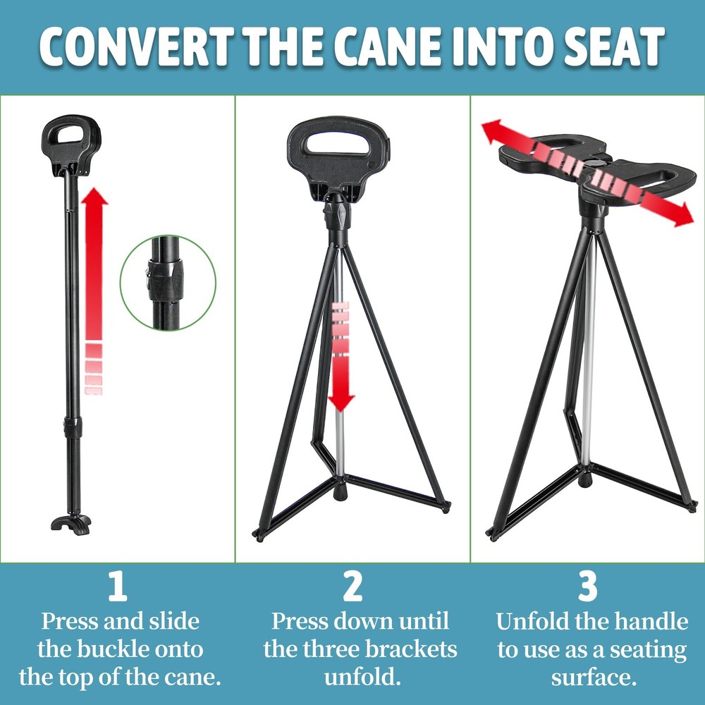 Walking Cane with Seat Folding Lightweight, Adjustable Height Cane Stool for ...