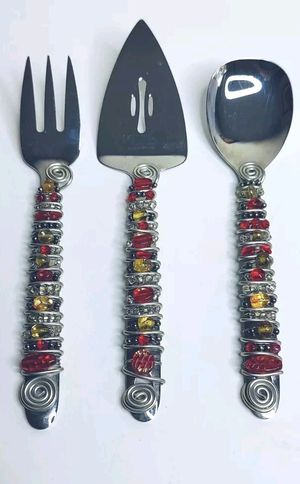 3-Piece ONEIDA ALL STAINLESS SERVING SET PIE CAKE SERVER BEADS & WIRE WRAP