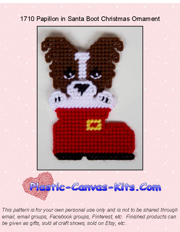 Papillon Santa Boot Christmas Ornament-Plastic Canvas Pattern or Kit