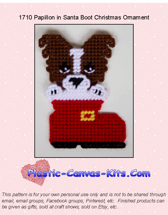 Papillon Santa Boot Christmas Ornament-Plastic Canvas Pattern or Kit