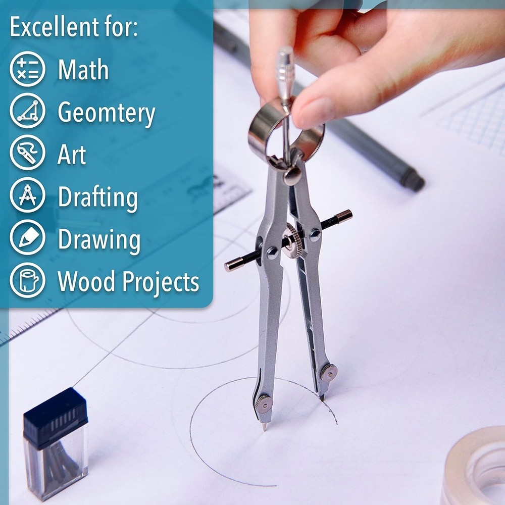 Mr. Pen- Professional Compass for Geometry, Extra Leads, Metal Drawing Tool