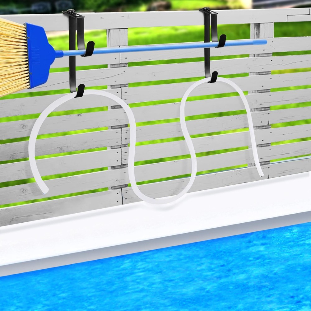 2pcs Double Pool Fence Hooks Adjustable Pool Pole Hanger Rustproof Black