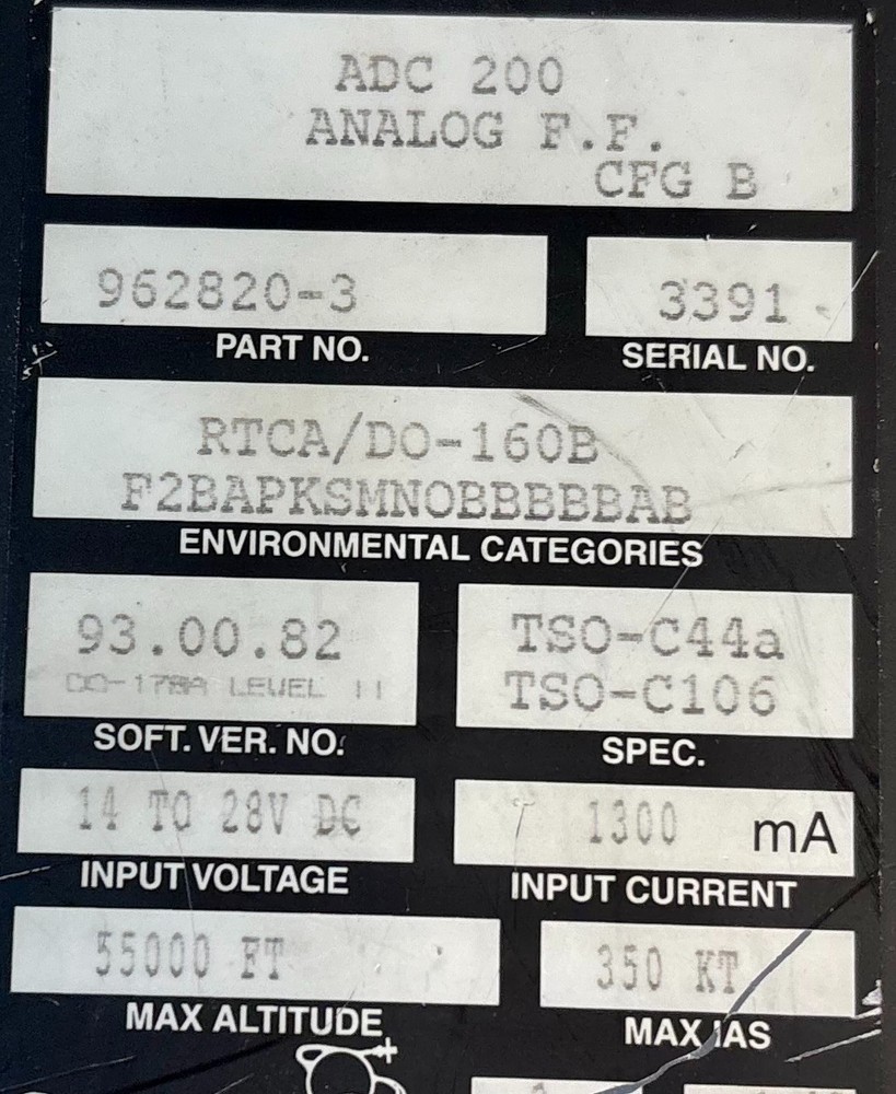 Air Data Computer ADC200 962820-3 w/ Yellow Tag