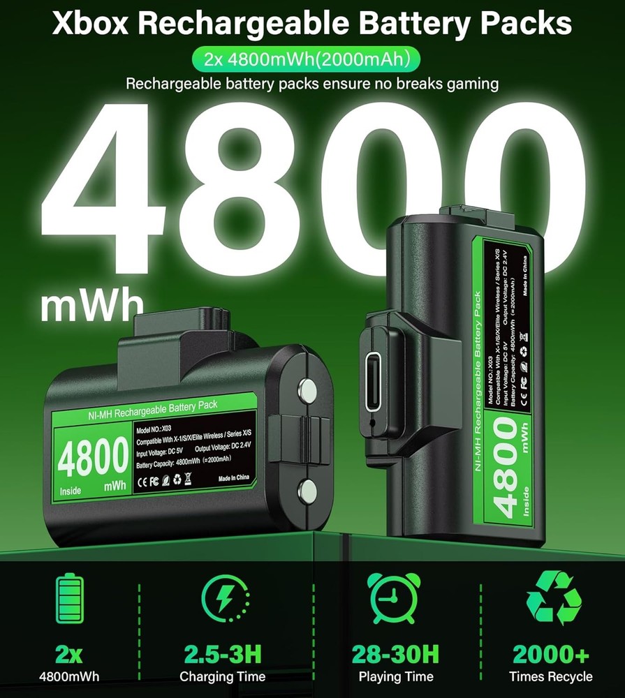 Xbox Battery Pack Rechargeable 2 Pack 4800mWh