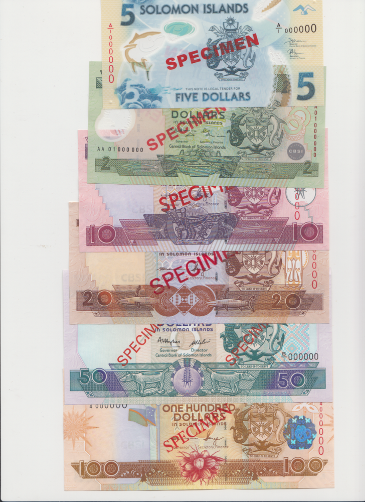 SPECIMEN: SOLOMON ISLANDS: Complete Banknotes set - S$ 5, 10, 20, 50, 100 UNC