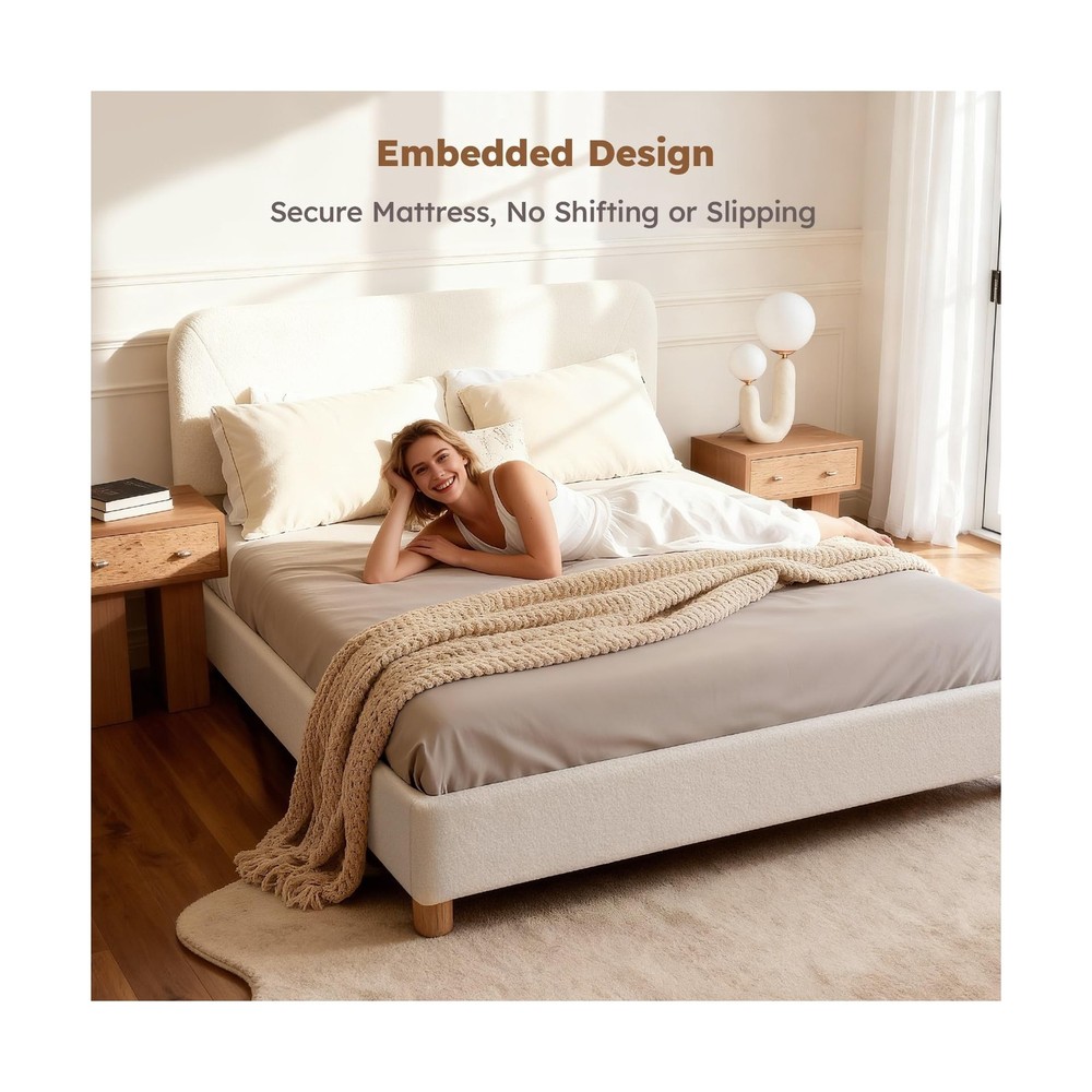 Queen Size Cloud Bed Frame, Soft Boucle Bed Frame with Adjustable Headboard, ...