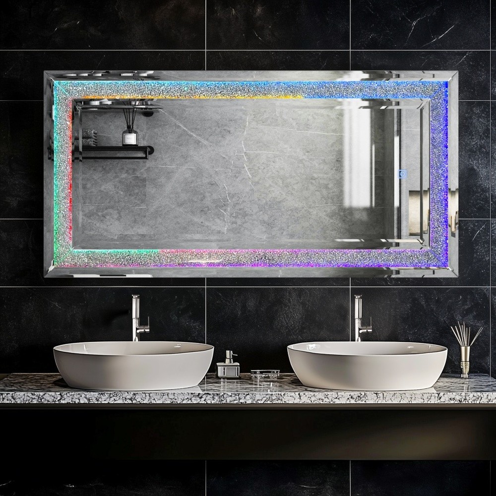 LED Crushed Diamond Mirror 48x24 inch Rectangular Crystal Vanity with RGB Lights