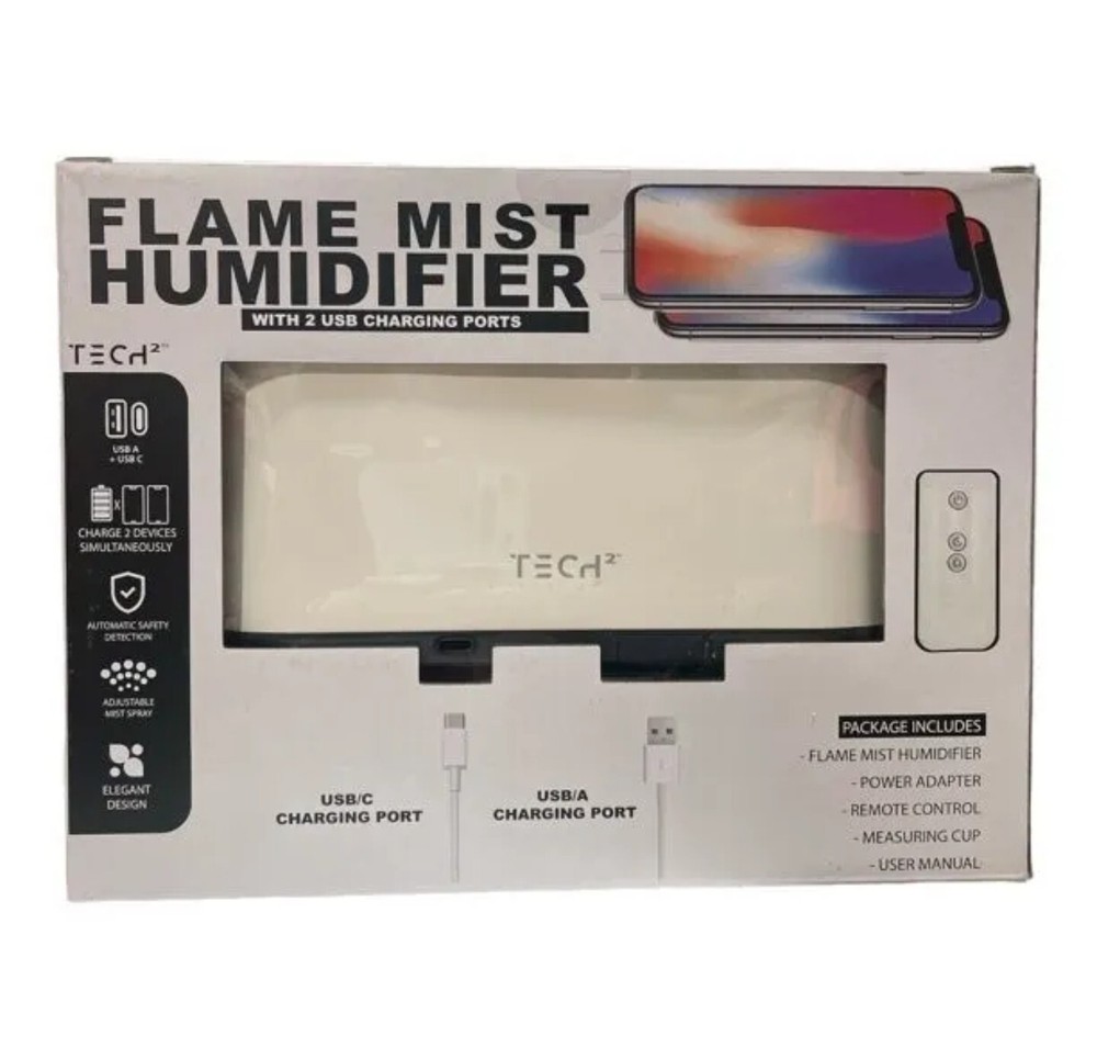 Tech Squared Flame Mist Humidifier & Ultrasonic Diffuser w/ 2 USB Charging Ports