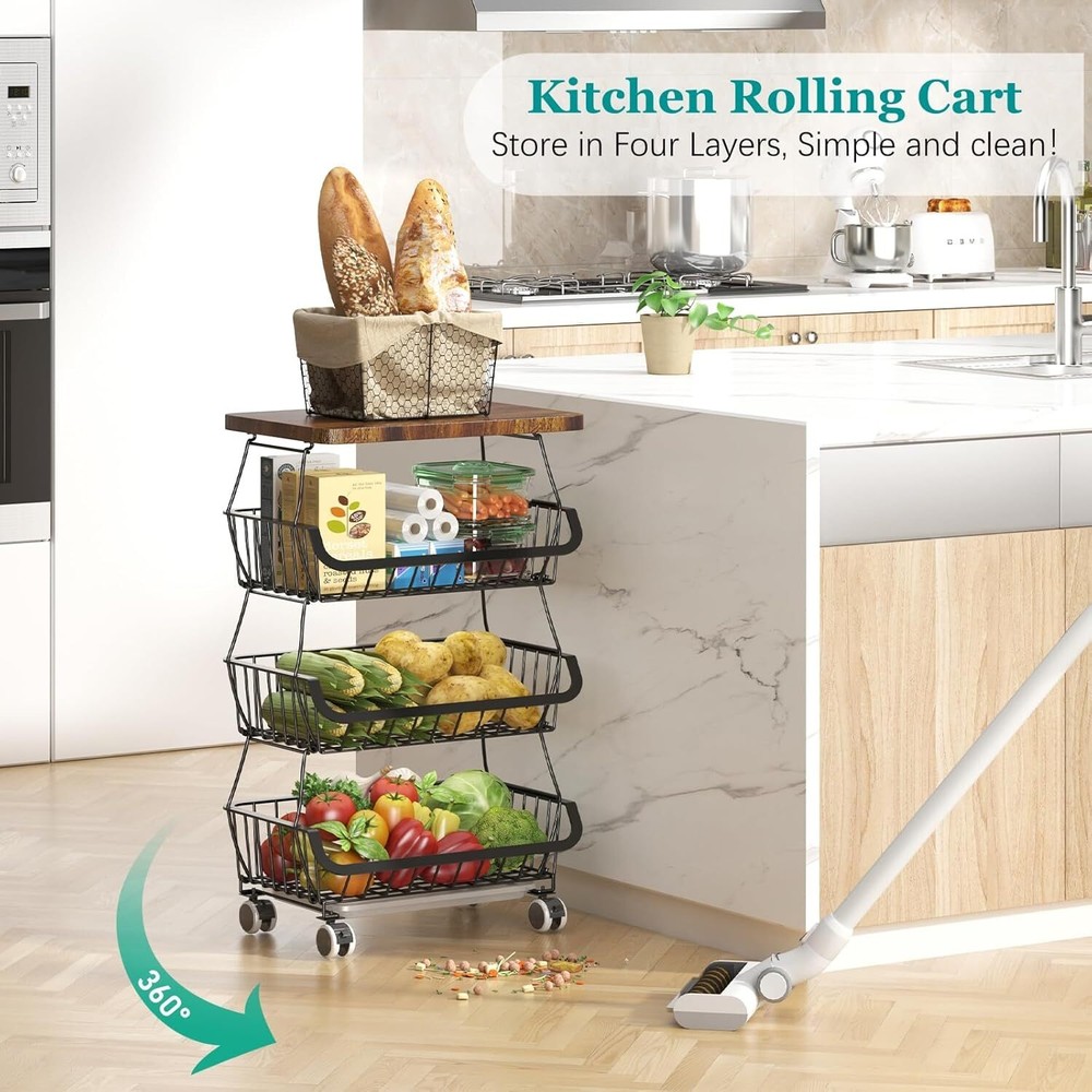 Fruit Basket with Wooden Lid,4 Tier Stackable Fruit and Vegetable Storage Basket