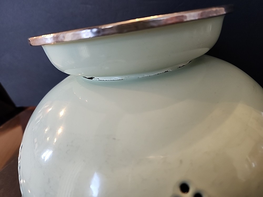 Vintage Enamel Colander Strainer Mint Green Diamonds Flower Pattern 10"