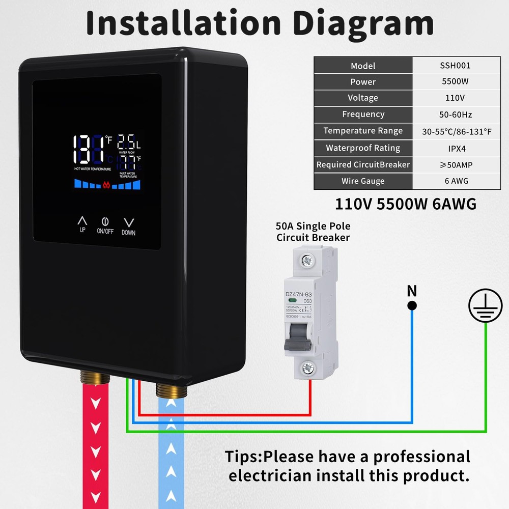 Tankless Water Heater Electric, 5500W 110V Instant Hot Water Heater with Remo...