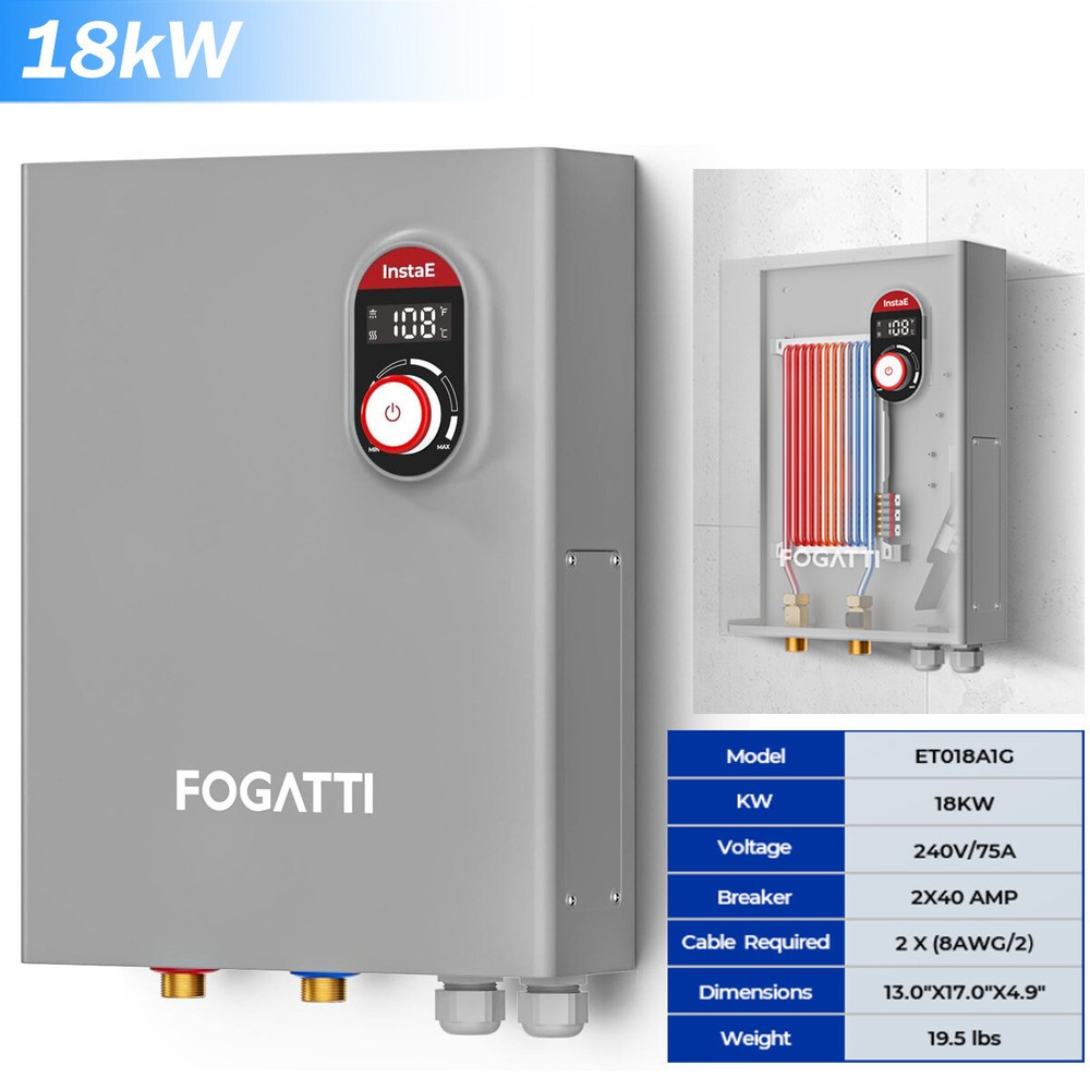 FOGATTI 18kW Tankless Water Heater Electric Whole House Use 240V For Shower