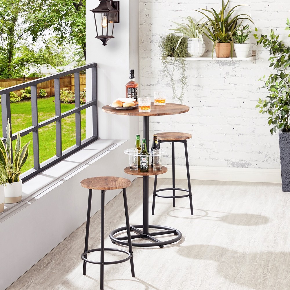3 Piece Bar Table +2 Stools Set Round Wine Rack Table Outdoor Dining Kitchen Pub