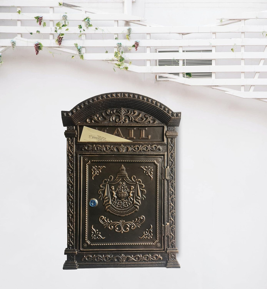 Decorative Lock Mailbox Outdoor - Metal Wall-Mounted Mailbox - Vintage Cast Iron