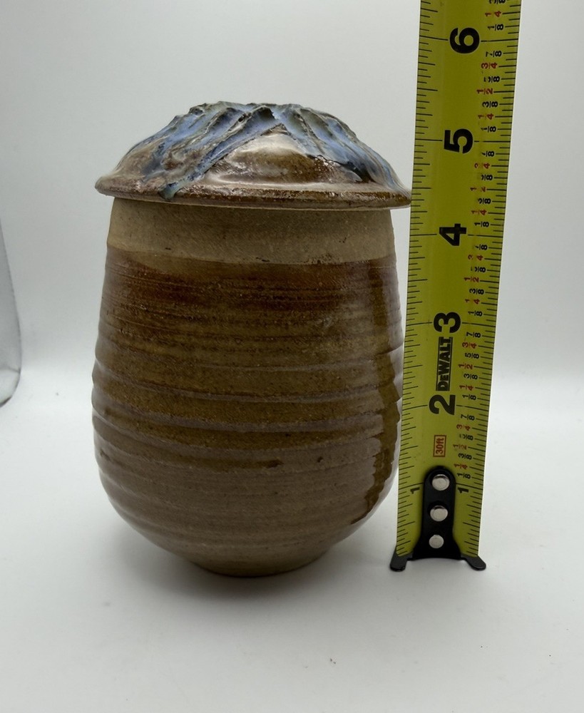 Emily Schiffer Studio Pottery Lidded Jar Blue Drip Glaze Signed Vessel