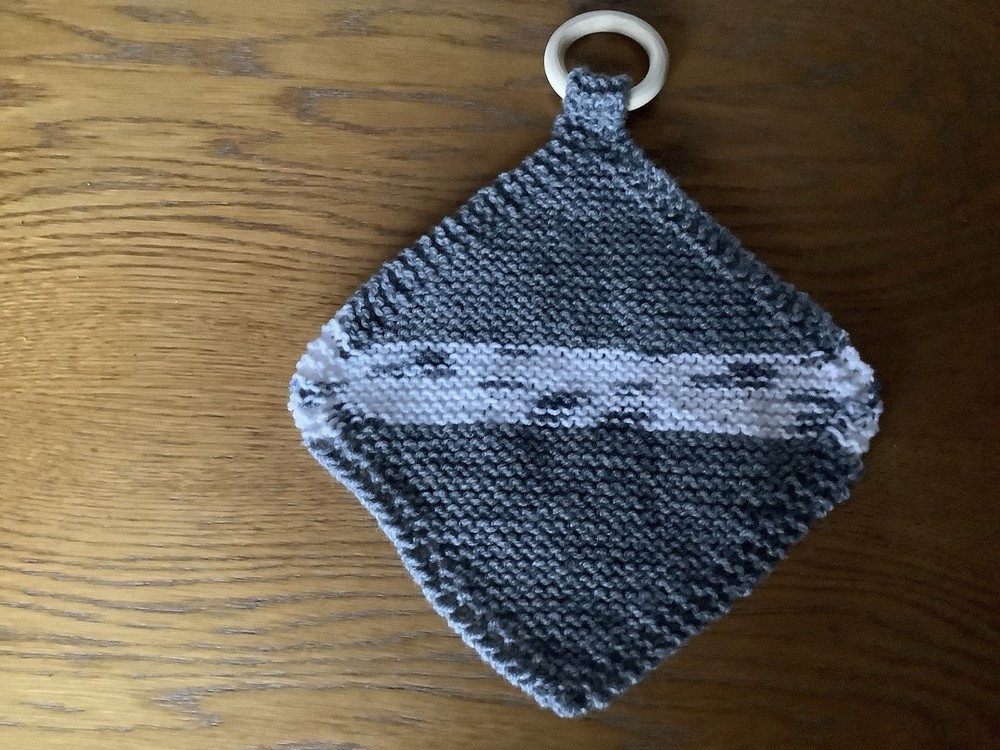 Hand Knitted Baby Tether/ Comforter in Grey/ whitemix colours