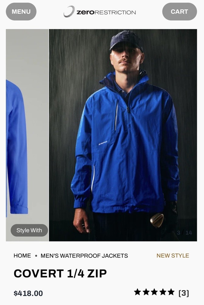 NEW Zero Restriction Men’s Large Covert 1/4 Zip Waterproof Jacket