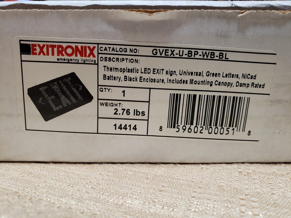 2 New EXITRONIX GVEX-U-BP-WB-BL Thermoplastic LED EXIT sign Green Letters