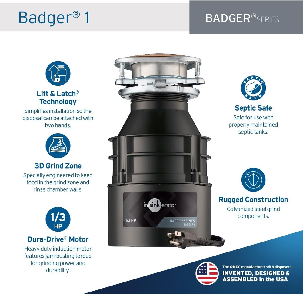 InSinkErator Garbage Disposal with Power Cord, Badger 1, 1/3 HP Continuous Feed