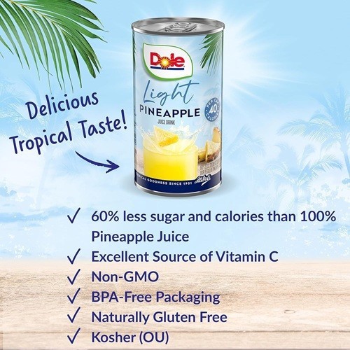 Dole Light Pineapple Juice, No Sugar Added, 6 oz Cans, 48 Pack.