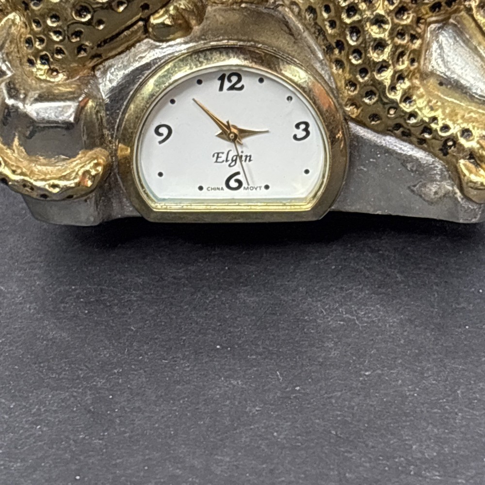 Elgin Leopard Desk Top Mini Clock Goldtone Untested