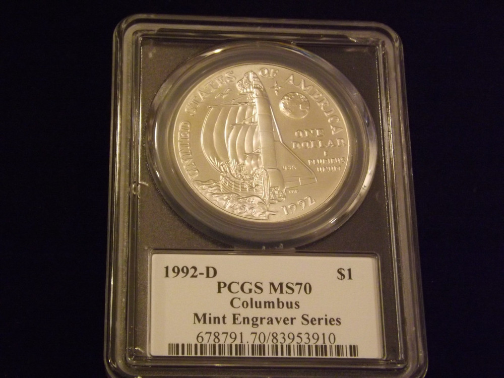 1992-D $1 COLUMBUS Mercanti label PCGS MS 70