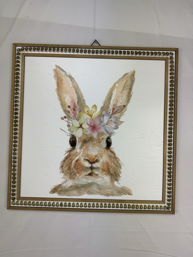 EASTER DECOR RUSTIC CUTE BUNNY FACE LARGE 16 X 16" WOOD FRAME