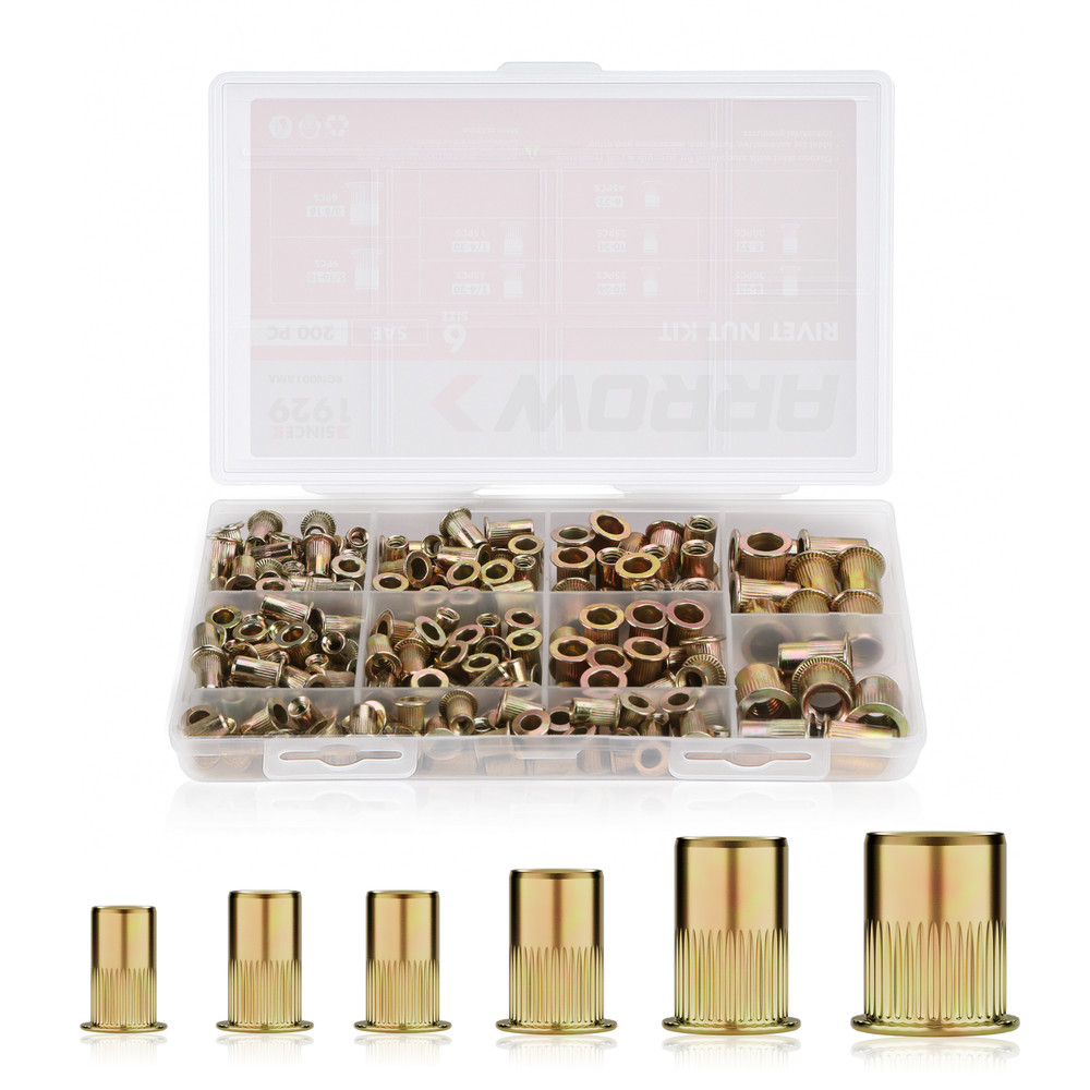 Arrow 200PC Rivet Nut Kit Rivnut Assortment Kit FlatHead Threaded Insert Nutsert