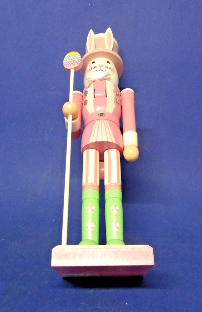 Easter Bunny Pink Wooden Nutcracker w/ Easter Egg Top Hat 14" Tall