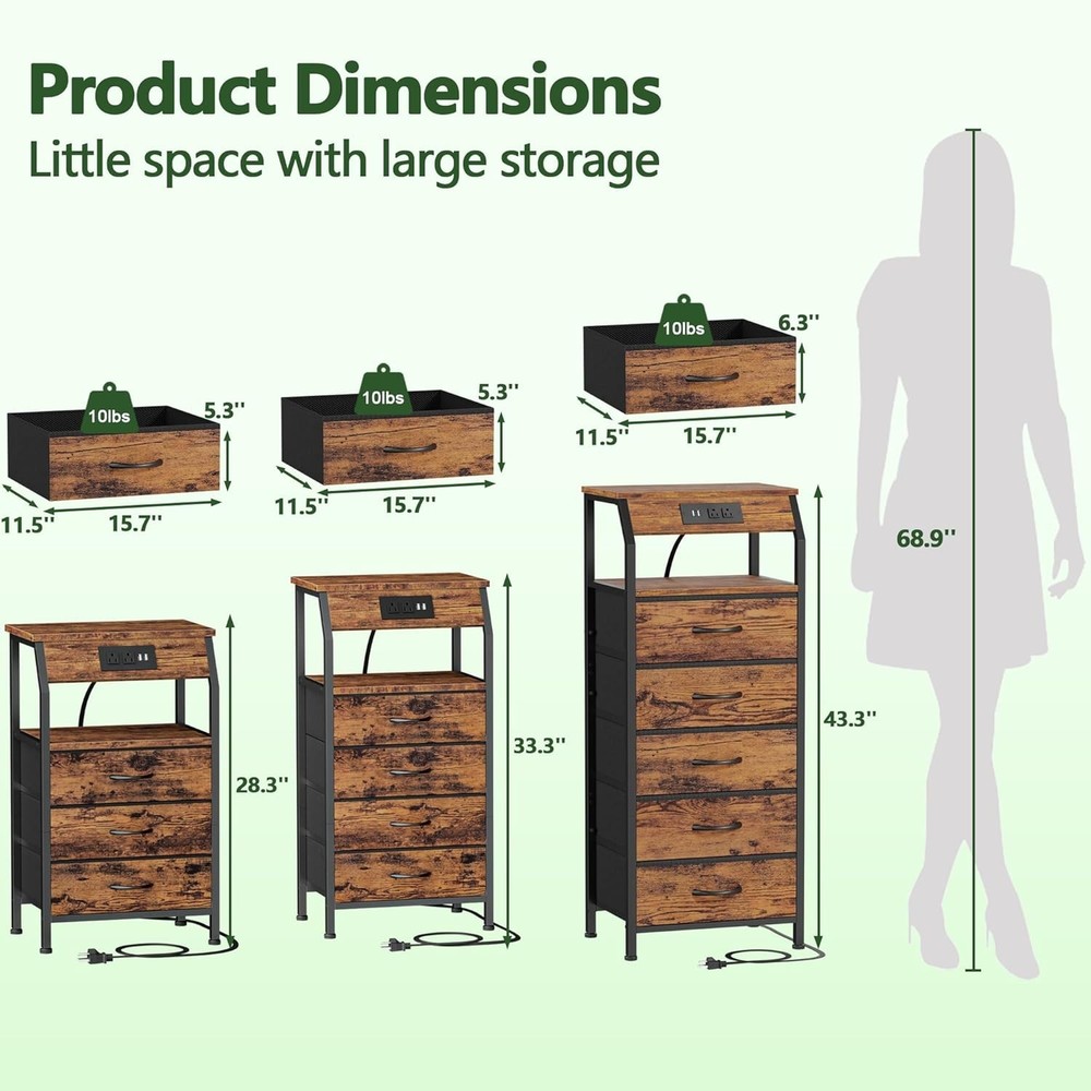 Functional Night Stand with Fabric Drawers & Charging Station, Rustic Brown