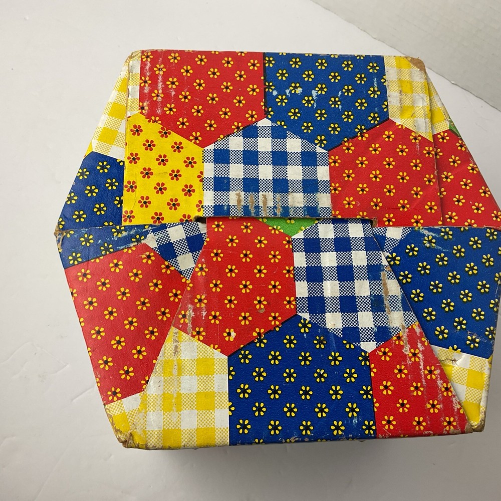 Patchwork Print Sewing Box with Tray Vintage 70s Hexagon Shape Storage