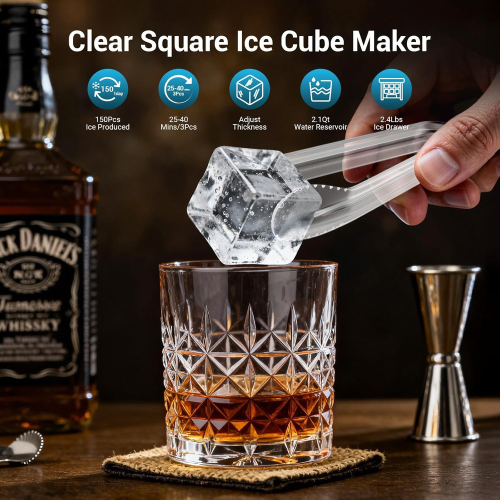 Large Square Ice Cube Maker, 3Pcs in 25Mins, Self-Cleaning, Adjustable Size