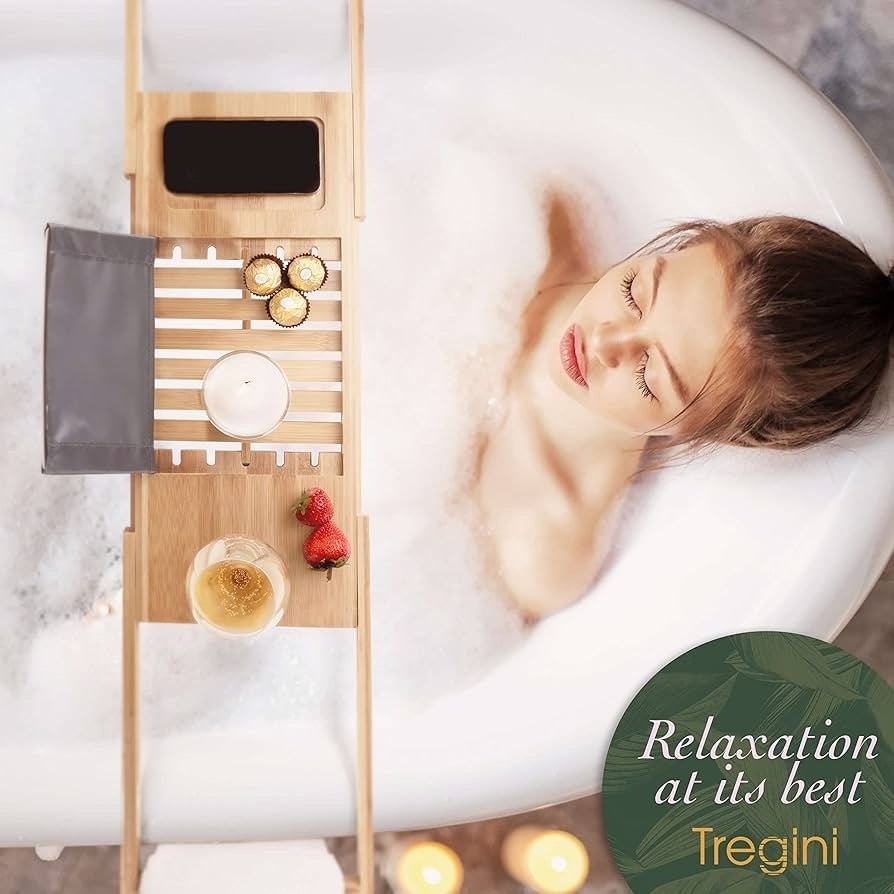 NIB Luxury Bathtub Tray Caddy - Adjustable Bamboo