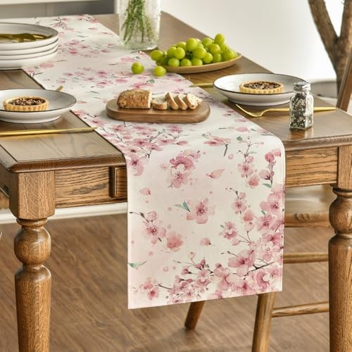 Floral Cherry Blossoms Branches Summer Table 13" x 72", Table Runner Pink
